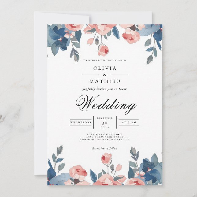 Dusty Blue & Coral Floral Romance Wedding Invitation (Front)