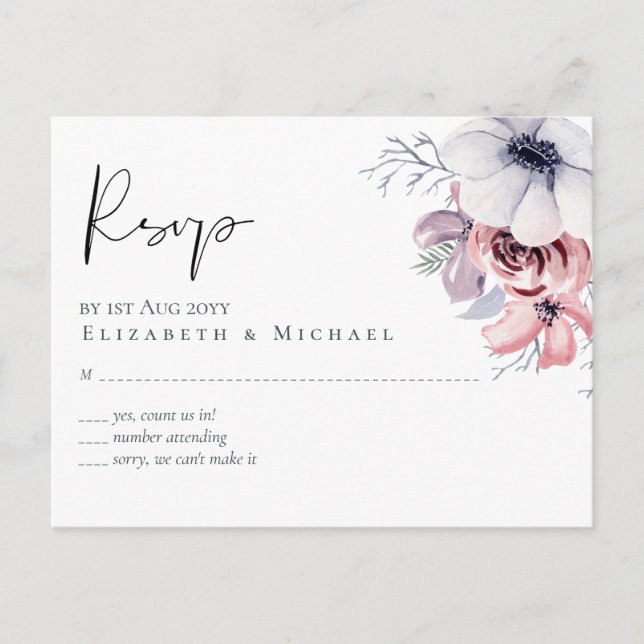 Dusty Blue Coral Floral Script Wedding RSVP Budget Postcard (Front)
