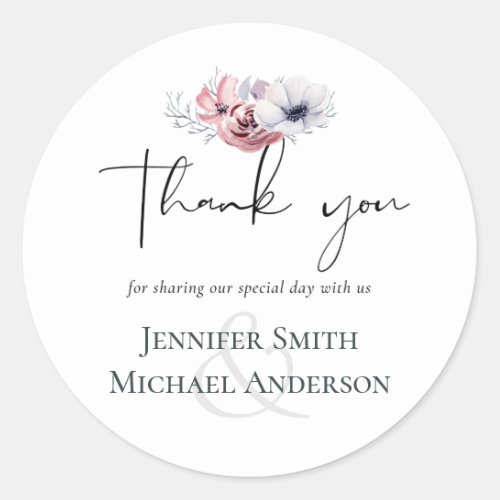 Dusty Blue Coral Floral Script Wedding Thank You Classic Round Sticker