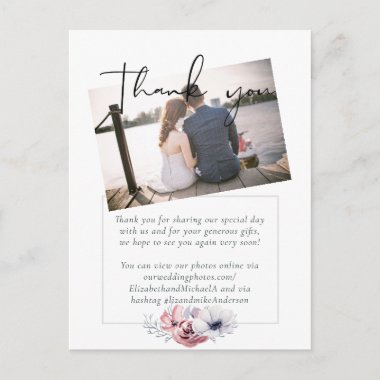 Dusty Blue Coral Floral Script Wedding Thank You Postcard