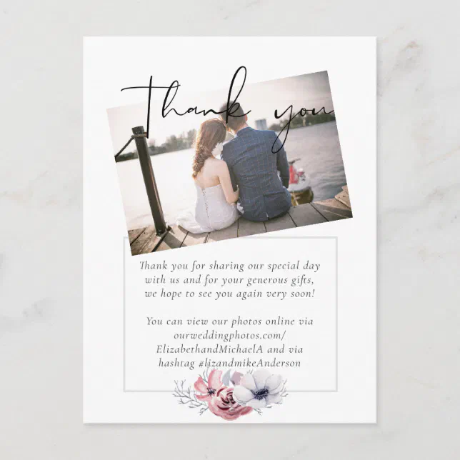 Dusty Blue Coral Floral Script Wedding Thank You Postcard | Zazzle