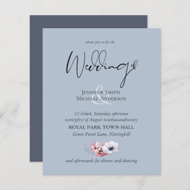 Dusty Blue Coral Floral Wedding Invites Budget