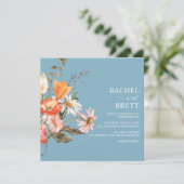 Dusty Blue Coral Pink Floral Wedding Invitation (Standing Front)