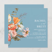 Dusty Blue Coral Pink Floral Wedding Invitation (Front/Back)