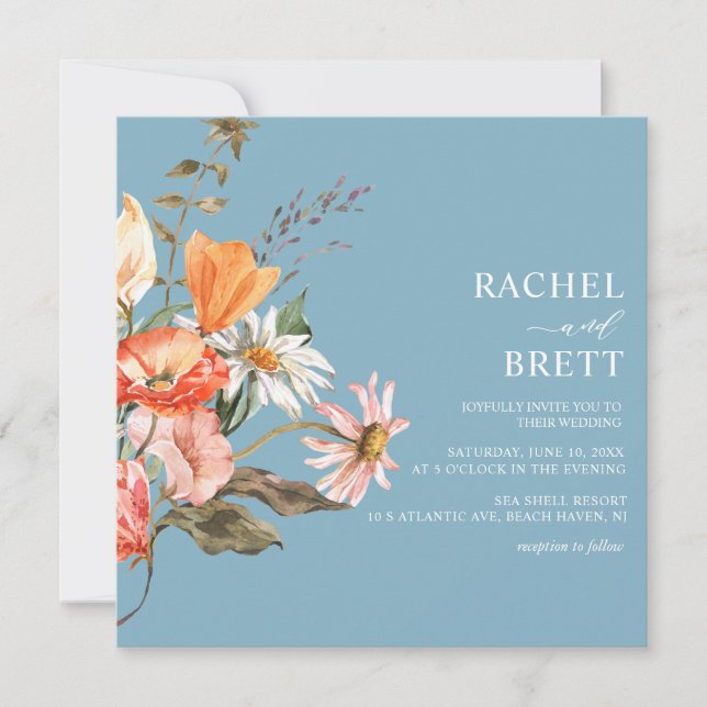 Dusty Blue Coral Pink Floral Wedding Invitation (Front)