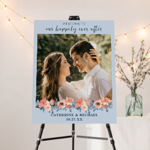 Dusty Blue & Coral Pink Floral Wedding Welcome Foam Board