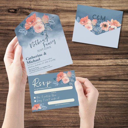 Dusty Blue  Coral Pink Watercolor Floral Wedding All In One Invitation