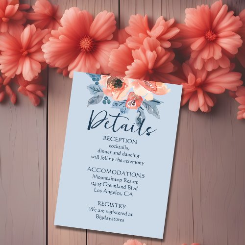 Dusty Blue  Coral Pink Watercolor Floral Wedding Enclosure Card