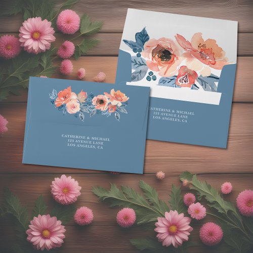 Dusty Blue  Coral Pink Watercolor Floral Wedding Envelope