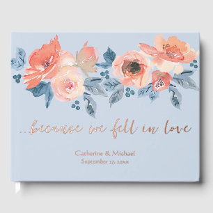 Dusty Blue & Coral Pink Watercolor Floral Wedding Foil Guest Book