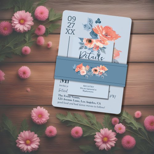 Dusty Blue  Coral Pink Watercolor Floral Wedding Invitation Belly Band