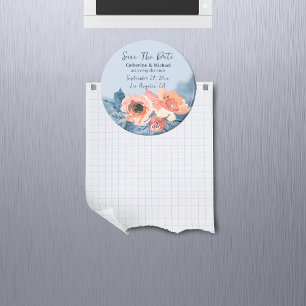Dusty Blue & Coral Pink Watercolor Floral Wedding Magnet