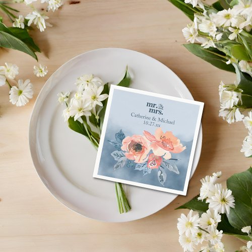 Dusty Blue  Coral Pink Watercolor Floral Wedding Napkins