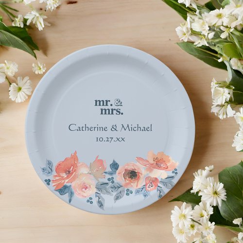 Dusty Blue  Coral Pink Watercolor Floral Wedding Paper Plates