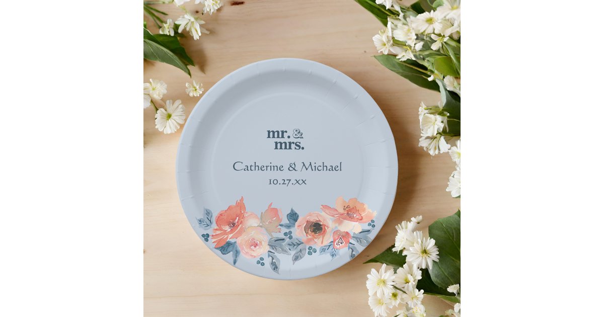 Dusty Blue & Coral Pink Watercolor Floral Wedding Paper Plates | Zazzle