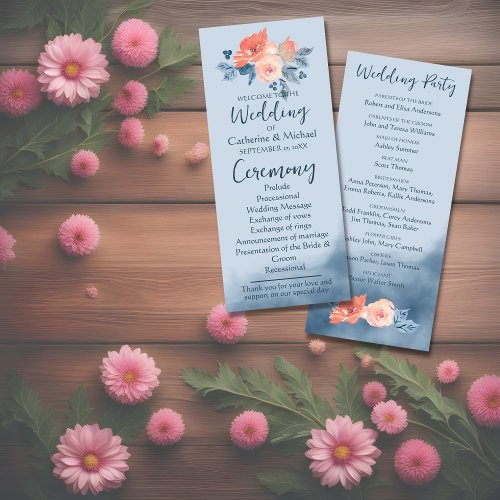 Dusty Blue  Coral Pink Watercolor Floral Wedding Program