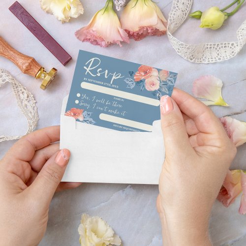 Dusty Blue  Coral Pink Watercolor Floral Wedding RSVP Card