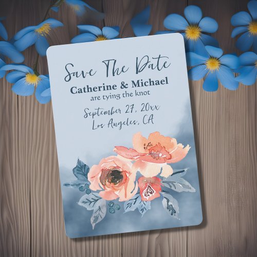 Dusty Blue  Coral Pink Watercolor Floral Wedding Save The Date