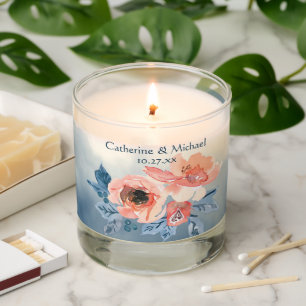 Dusty Blue & Coral Pink Watercolor Floral Wedding Scented Candle