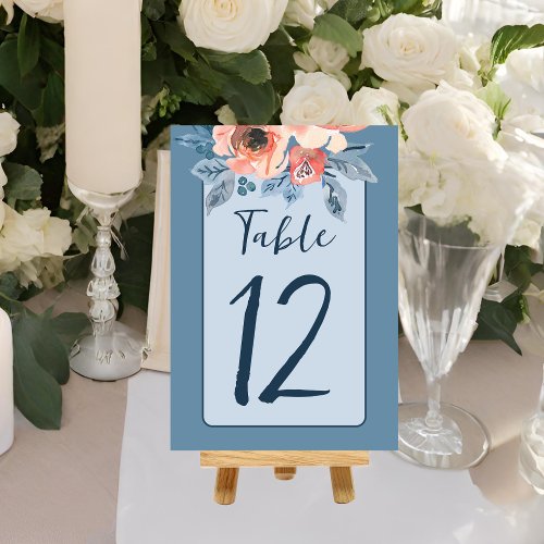 Dusty Blue  Coral Pink Watercolor Floral Wedding Table Number
