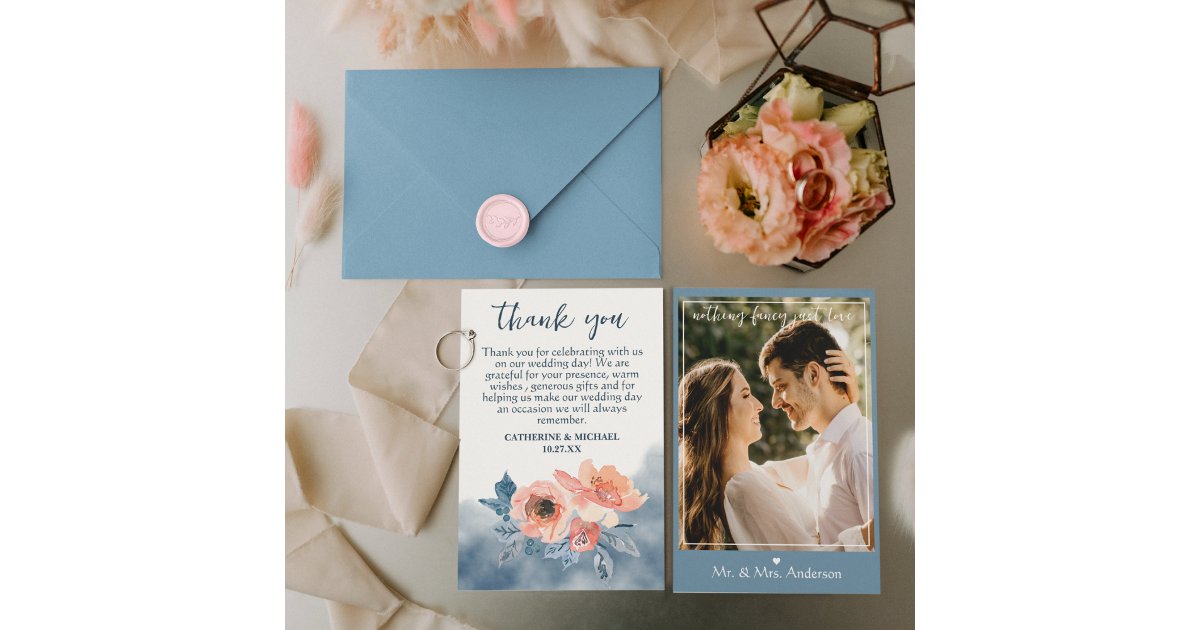Dusty Blue & Coral Pink Watercolor Floral Wedding Thank You Card | Zazzle