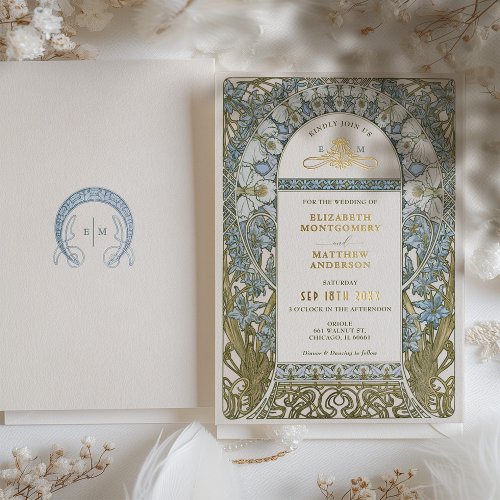 Dusty Blue Cornflower Wedding Art Nouveau Mucha Foil Invitation