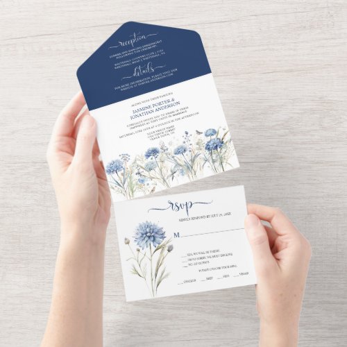 Dusty Blue Cornflowers Sweet William Wedding All In One Invitation