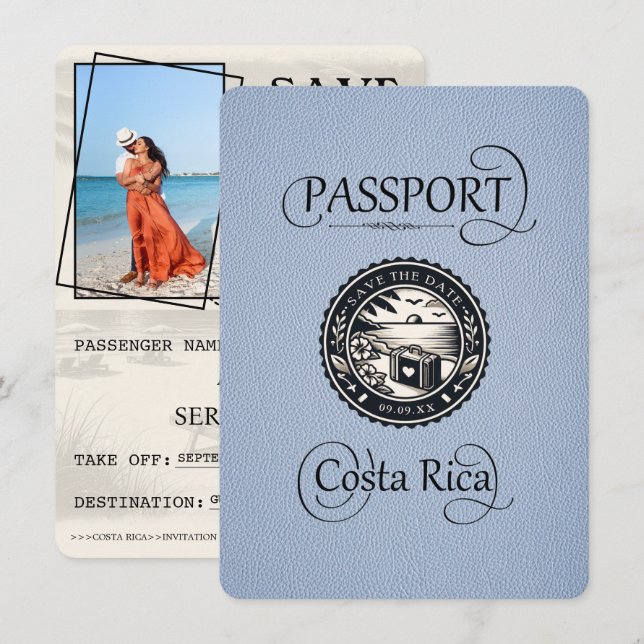 Dusty Blue Costa Rica Passport Save The Date (Front/Back)