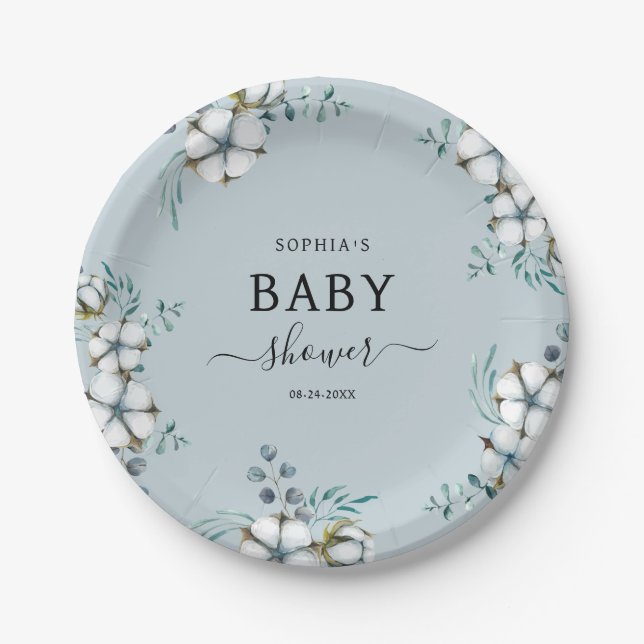 Dusty blue cotton flowers botanical Baby Shower Paper Plates (Front)