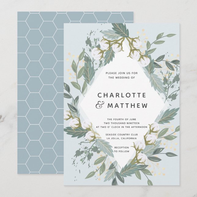 Dusty Blue Cotton Garden Diamond Botanical Wedding Invitation (Front/Back)