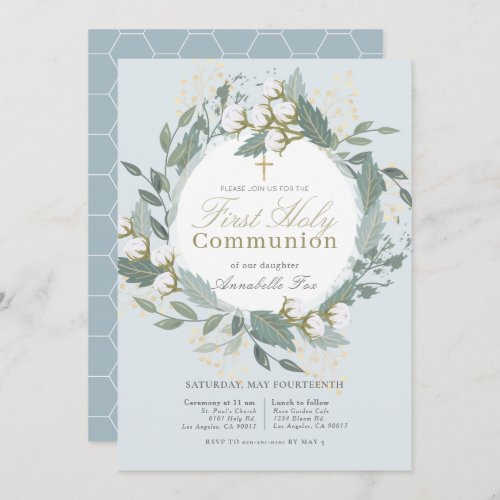 Dusty Blue Cotton Wreath First Holy Communion Invitation