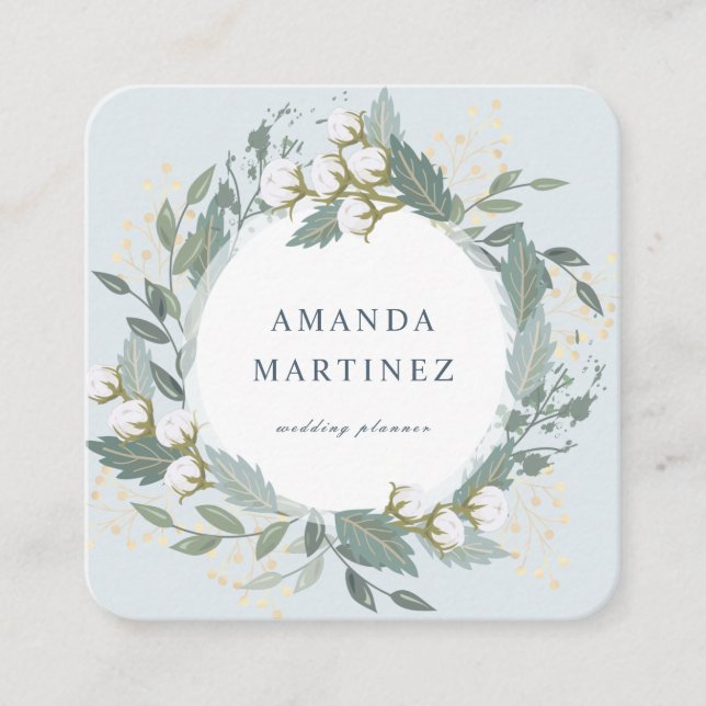 Dusty Blue Cotton Wreath Square Business Card (Front)