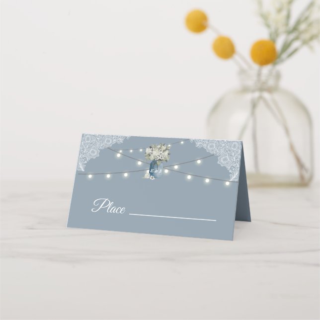 Dusty Blue Country Combined White Lace Wedding Place Card (Front)