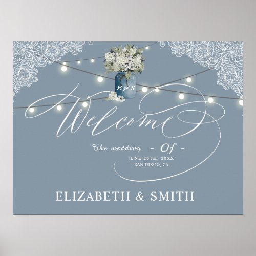 Dusty Blue Country Combined White Lace Wedding Poster