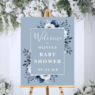 Dusty Blue Country Floral Baby Shower Welcome Sign