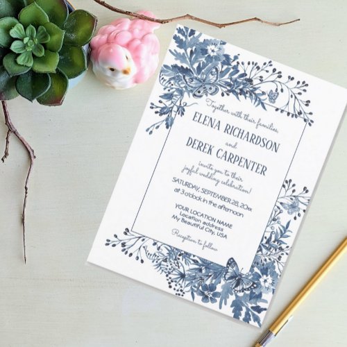 Dusty Blue Country Flowers Watercolor Art Wedding Invitation