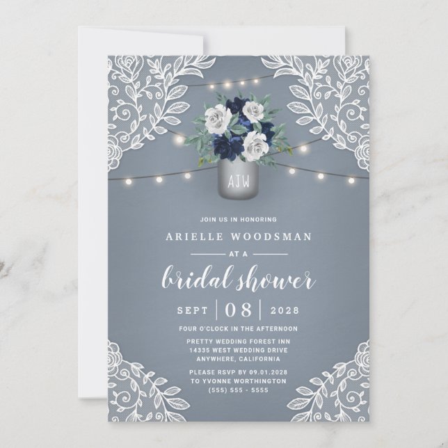 Dusty Blue Country Lace Mason Jar Bridal Shower Invitation (Front)