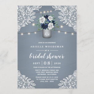 Dusty Blue Country Lace Mason Jar Bridal Shower Invitation