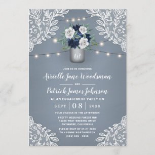 Dusty Blue Country Lace Mason Jar Engagement Party Invitation