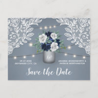 Dusty Blue Country Lace Mason Jar Save the Date