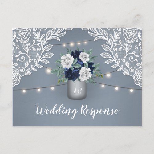 Dusty Blue Country Lace Mason Jar Wedding RSVP Invitation Postcard