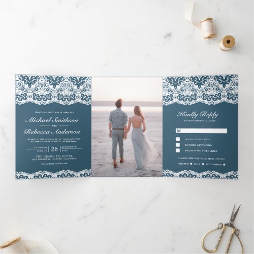 Dusty Blue Country White Lace All in One Wedding Tri_Fold Invitation
