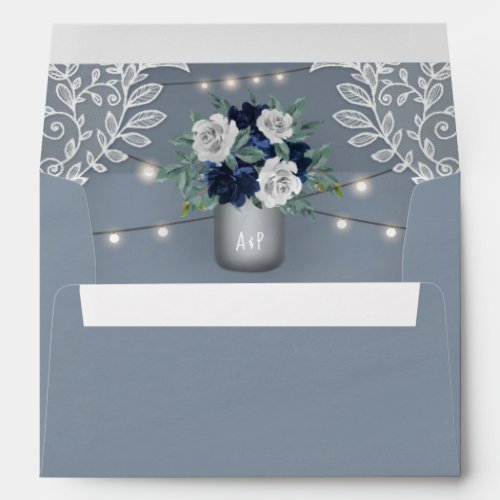 Dusty Blue Country White Lace Mason Jar Wedding Envelope