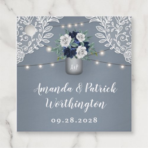 Dusty Blue Country White Lace Mason Jar Wedding Favor Tags