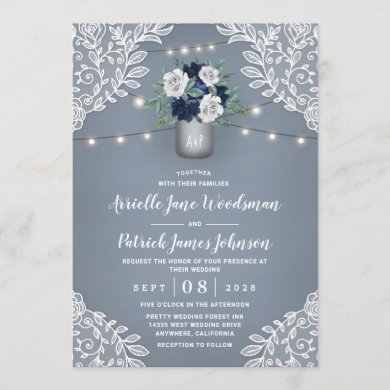 Dusty Blue Country White Lace Mason Jar Wedding Invitation