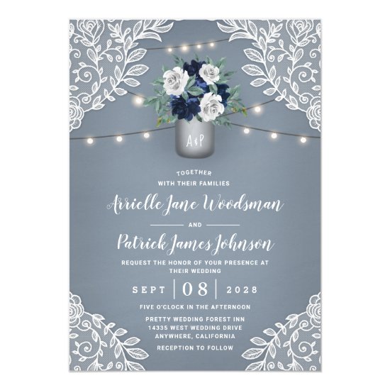 Dusty Blue Country White Lace Mason Jar Wedding Invitation