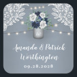 Dusty Blue Country White Lace Mason Jar Wedding Square Sticker<br><div class="desc">Dusty Blue Country White Lace Mason Jar Wedding Favor Stickers - feature a dusty blue or slate/steel blue background with white printed lace,  string lights and a mason jar filled with floral elements,  greenery and more. View the matching collection on this page to find coordinating items.</div>