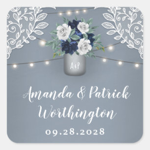 Dusty Blue Country White Lace Mason Jar Wedding Square Sticker