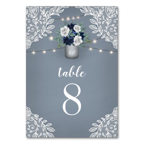 Dusty Blue Country White Lace Mason Jar Wedding Table Number