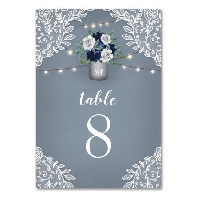 Dusty Blue Country White Lace Mason Jar Wedding Table Number (Front)
